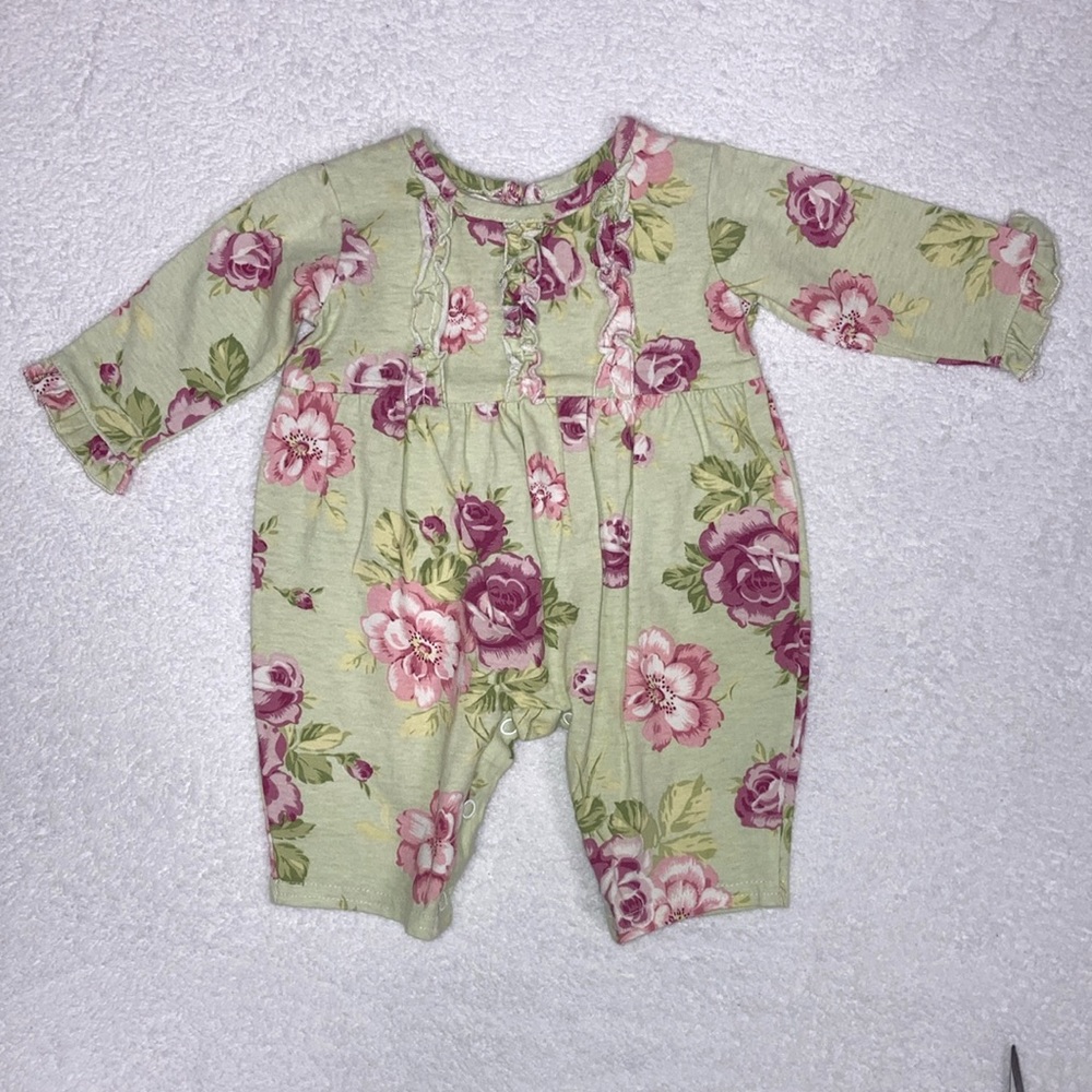 Tralala Rosalie sage jumpsuit mint green roses 0/3m